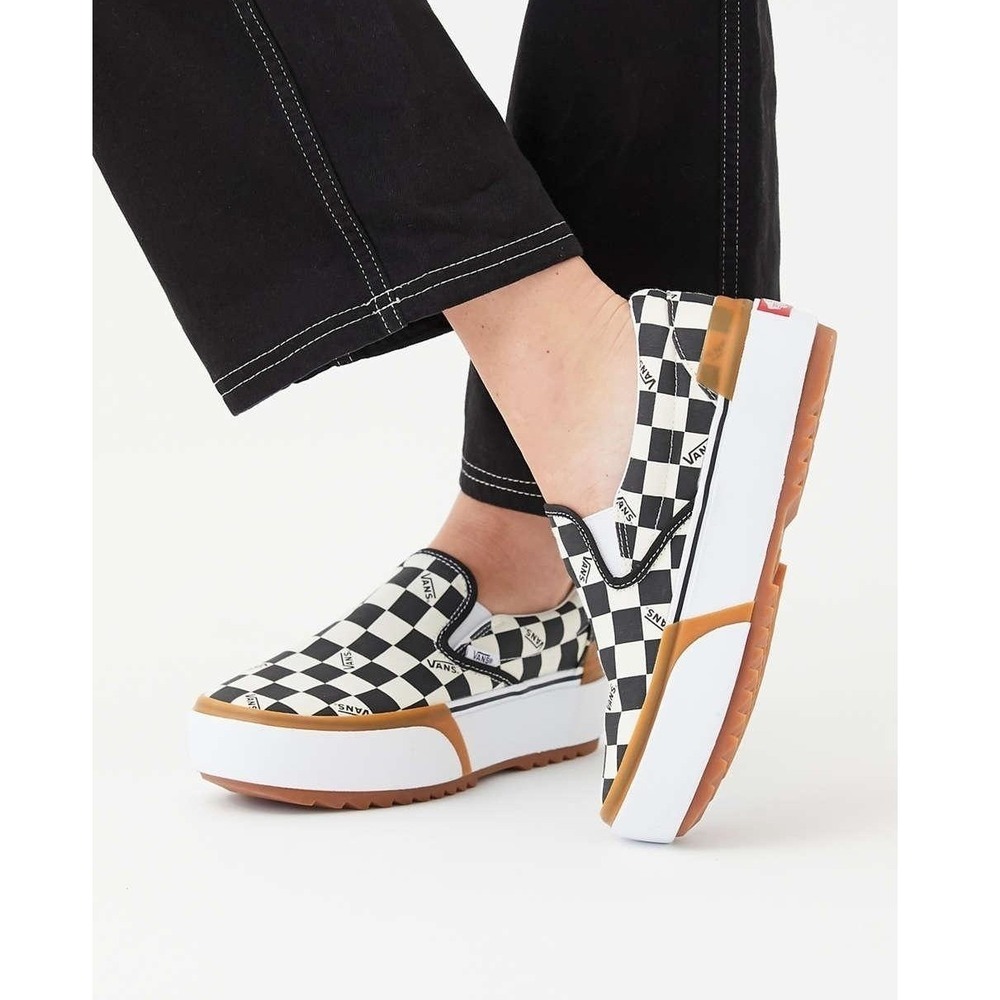 Vans Slip-On Stacked Checkerboard Platform Shoes Black White Women's size 7